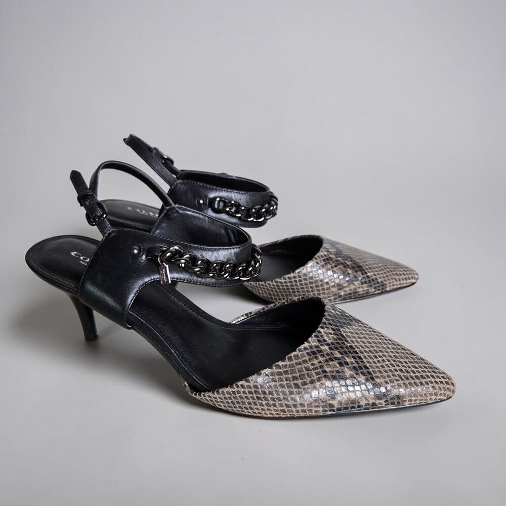 Coach Snake Embossed Slingback Pumps Black Leather Pointed Chain Kitten Heel 9